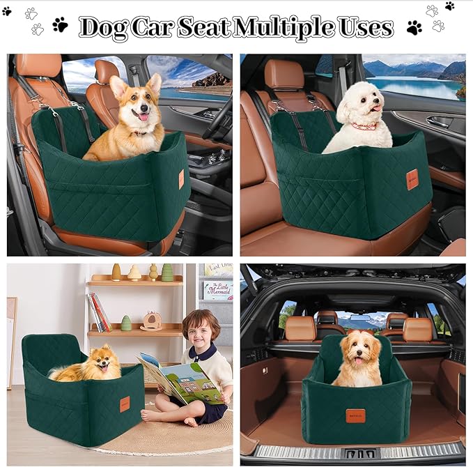 Dog Booster Car Seat for Dogs up to 35lbs, Safety Pet Car Seats with Anti-Slip Bottom, Travel Booster Dog Bed with 2 Storage Pockets (Green, Medium)