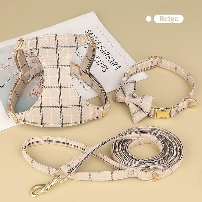 Beirui Cute Extra Small Dog Harness Collar and Leash Set with Bowtie, Soft Adjustable Plaid Puppy Harness for Small Sized Dogs Cats Walks Parties and Photoshoots(Beige,XS:Chest 13-18")