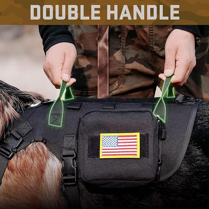 Forestpaw Tactical Dog Harness for Large Dogs,Tactical Dog Collar with Bungee Leash Set,No Pull Military Dog Harness for Walking Training,Adjustable for Medium Large Dogs,Black,Chest 19.5-41.5"