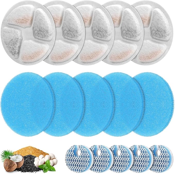 5 Set Cat Water Fountain Filter Replacement for Round 2L/67oz Stainless Steel Cat Fountain, ZEKIRY Pet Fountain Filter, Triple Filtration Replacement Filters(5 Filter, 5 Sponge, 5 8D Sponge)