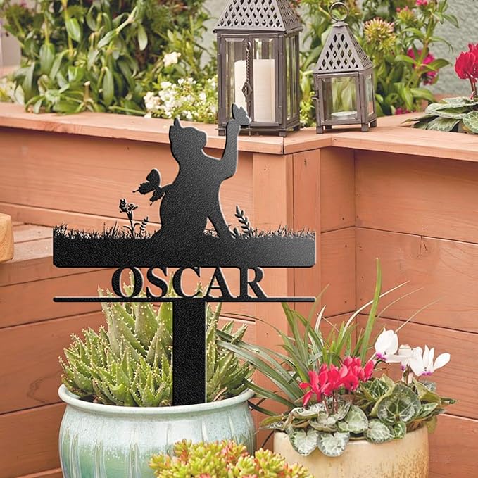 Custom Cat Grave Marker Cat Burial Stake, Personalized Butterfly Flowers Cat Memorial Garden Stake, Metal Cat Memorial Plaque for Outdoors, Customized Pet Headstone