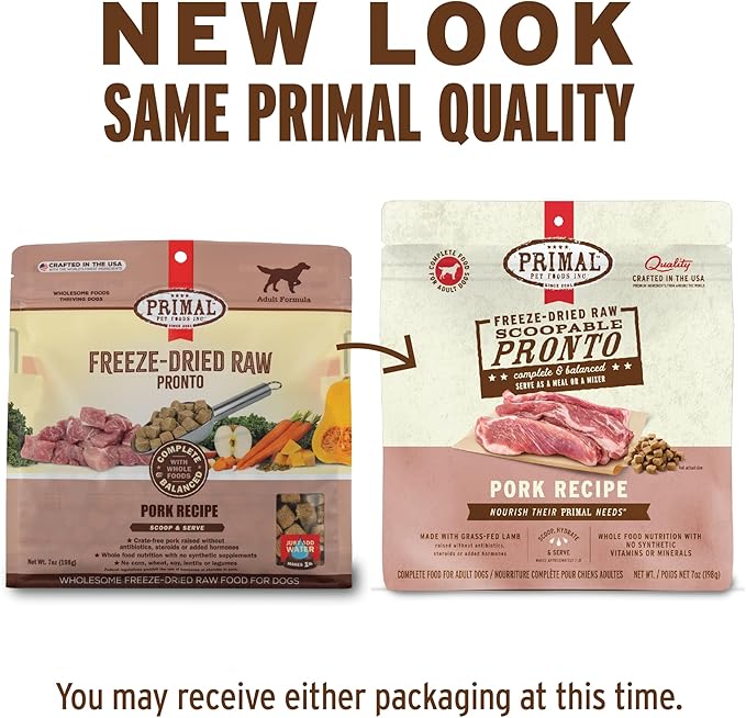 Primal Freeze Dried Dog Food, Pronto Mini Nuggets, Pork; Scoop & Serve, Complete & Balanced Meal; Also Use As Topper or Treat; Premium, Healthy, Grain Free, High Protein Raw Dog Food (25 oz, 2-Pack)