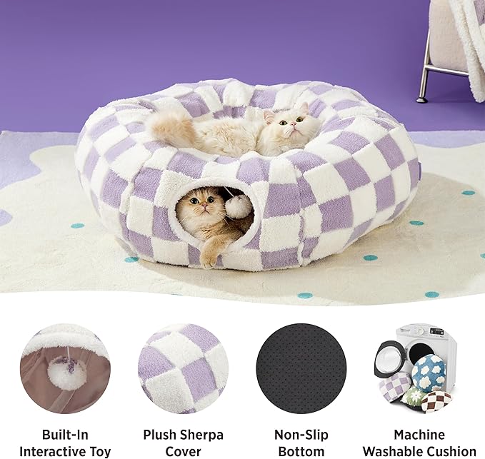 Lesure Cat Tunnel Bed for Indoor Cats - Cute Cat Donut Tunnel Toys for Small Large Cats with Washable Circle Cushion, Round Pet Peekaboo Cave Toy for Kitten/Puppy/Rabbit, Standard Purple