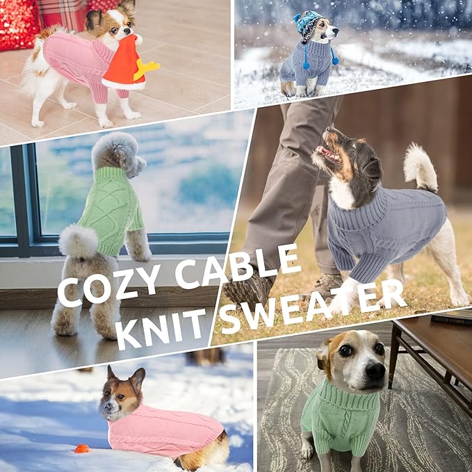 Queenmore Small Dog Pullover Sweater, Cold Weather Cable Knitwear, Classic Turtleneck Thick Warm Clothes for Chihuahua, Bulldog, Dachshund, Pug, Yorkie (Green, X-Large)