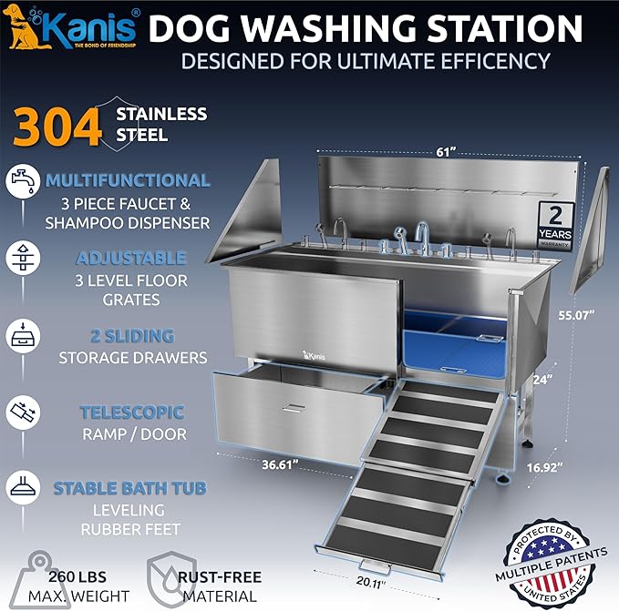 KANIS Professional Dog Washing Station - 304 Stainless Steel Pet Wash Sink & Grooming Bath Tub for Home with Ramp, Shower, Floor Grate, Storage Drawers, and Faucet for Large, Medium & Small Pets