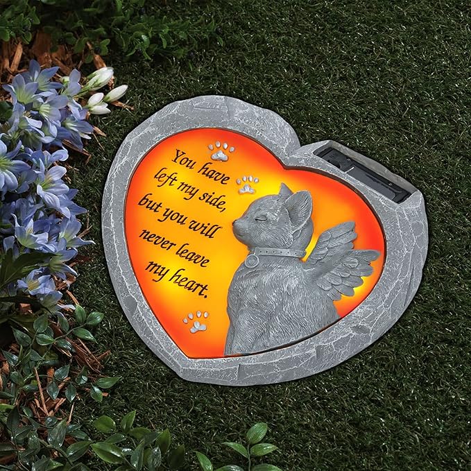 BAYN Cat Pet Memorial Stones Gifts, Solar Heart Shaped Pet Memorial Headstone Grave Markers for Loved Ones Loss of Cat Sympathy Gift Garden Stone Statue