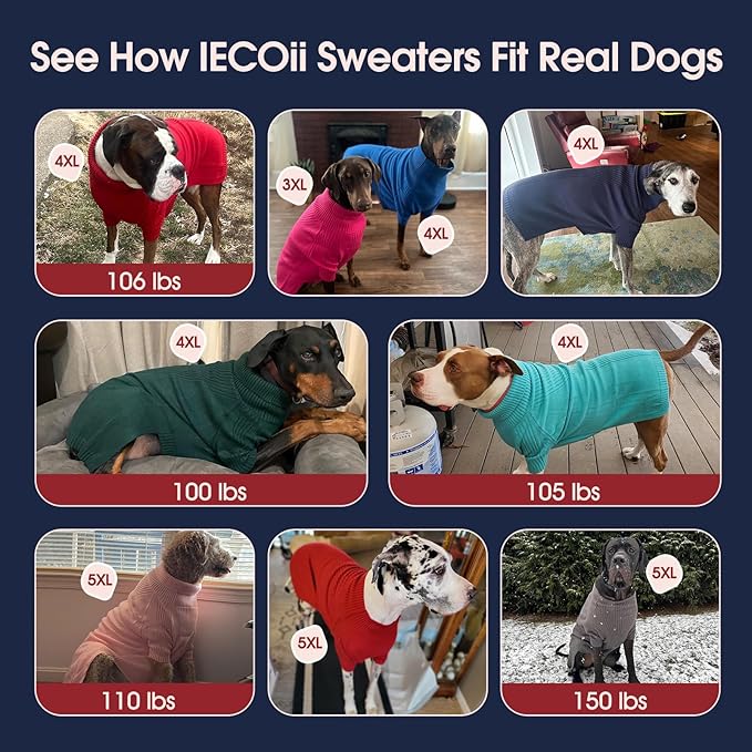 IECOii Great Dane Sweater,5XL Extra Large Sweater for Giant Breed Dogs in Winter,Turtleneck Cold Weather Knit Clothes,Machine Washable,Elastic Pullover for Saint Bernard,Mastiff (White,XXXXXL)