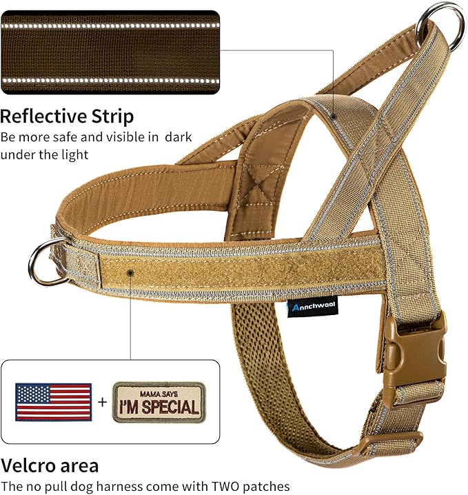 Annchwool No Pull Dog Harness with Padded Handle+5 Ft Leash,Reflective Strip Escape Proof and Quick Fit to Adjust Dog Harness,Easy for Training Walking for Small & Medium and Large Dogs(Brown-Set,M)
