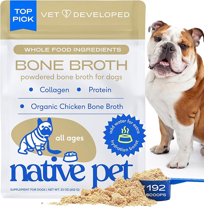 Native Pet Bone Broth for Dogs and Cats - Chicken Bone Broth Powder Dog Food Toppers for Picky Eaters - Provides Extra Nutrition for Joint Strength, Immune Support & Heart Health - 192 Scoops