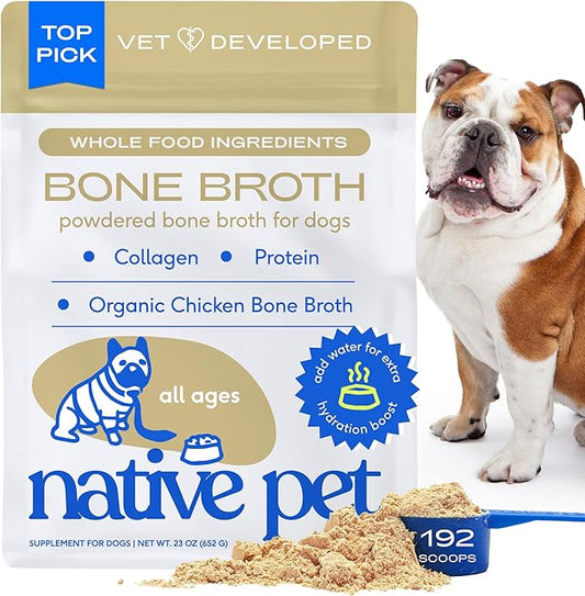 Native Pet Bone Broth for Dogs and Cats - Chicken Bone Broth Powder Dog Food Toppers for Picky Eaters - Provides Extra Nutrition for Joint Strength, Immune Support & Heart Health - 192 Scoops