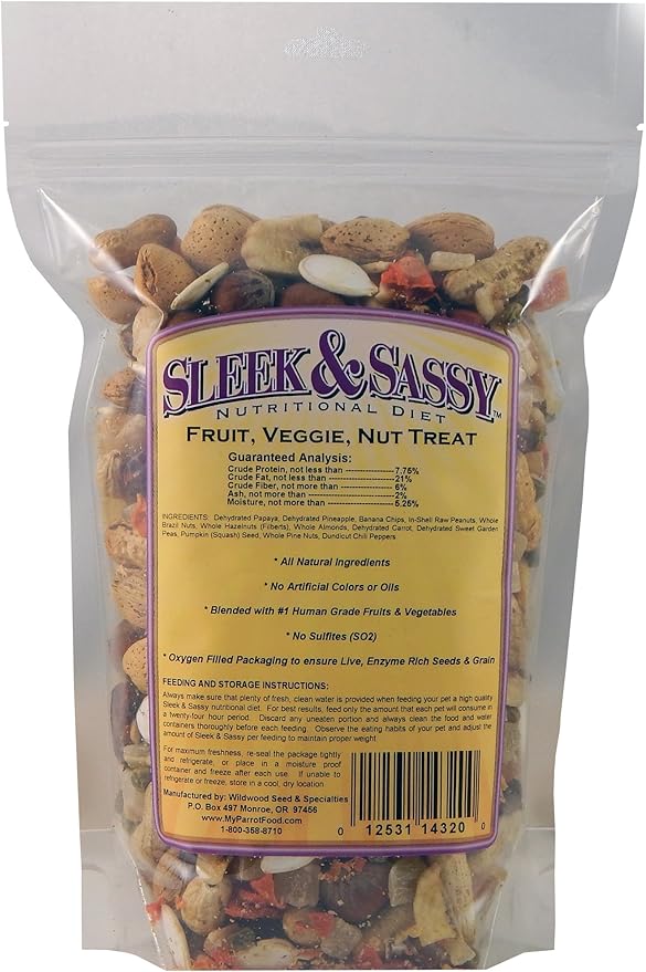 SLEEK & SASSY Fruit, Veggie, Nut Parrot Treat Perfect for Large Conures, Amazons, African Greys, Cockatoos, Pionus-Parrots & Macaws (20 oz.)