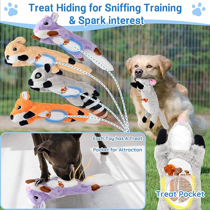 5-Pack Partially Stuffed Dog Toys - Squeaky, Crinkle & Belly Treat Hiding Pocket, Lightly Filled Head & Unstuffed Body, Tough Plush for Large/Medium Aggressive Chewers to Keep Them Busy