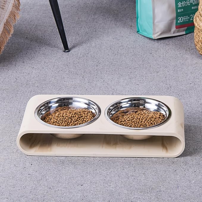 Beige Marble Elevated Dog Bowls Set - 2 Thick 6" Stainless Steel Puppy Food Bowl with Non-Slip Raised Holder Stand, Double Feeding Bowls for Food and Water, Suitable for Cats and Small Medium Pet