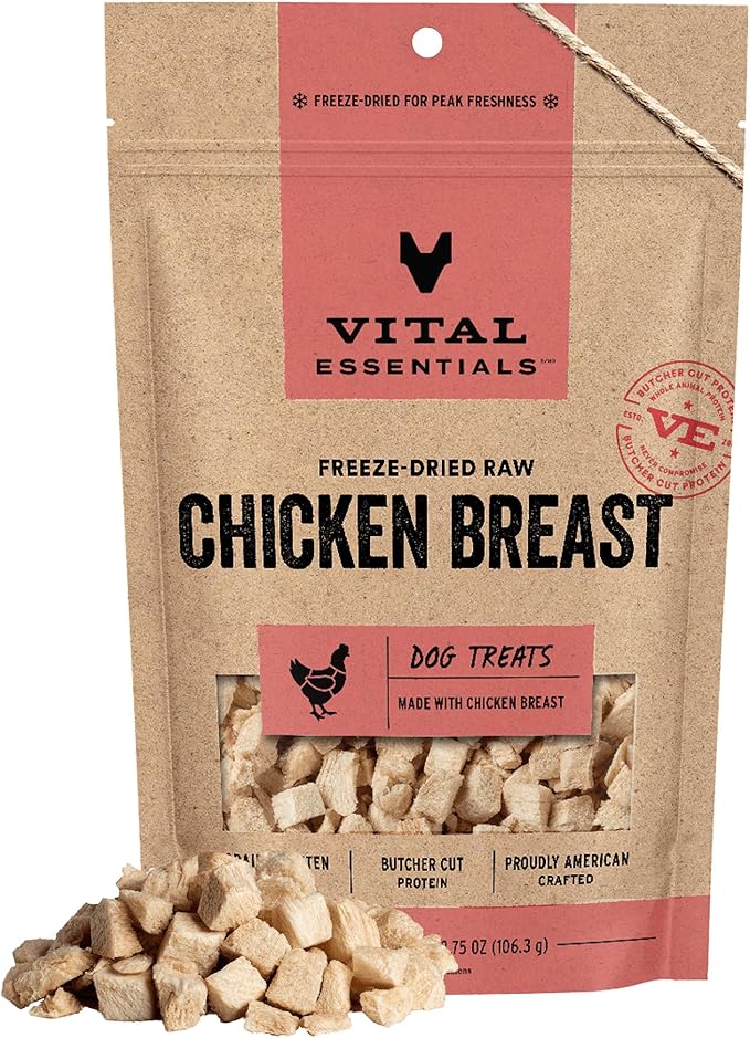 Vital Essentials Chicken Breast Dog Treats, 3.75 oz | Freeze-Dried Raw | Single Ingredient | Premium Quality High Protein Training Treats | Grain Free, Gluten Free, Filler Free