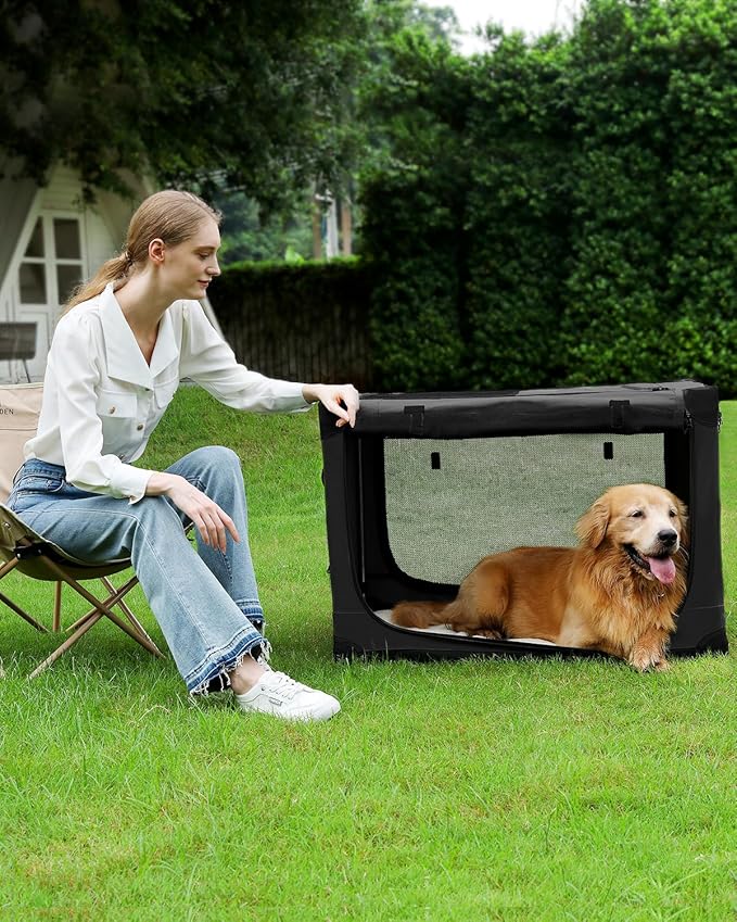 30 Inch Collapsible Travel Dog Crate for Medium Large Dogs, Portable Dog Crate 4-Door Foldable Soft Kennel with Durable Mesh Windows for Indoor & Outdoor Travel, with Storage Bag,Black