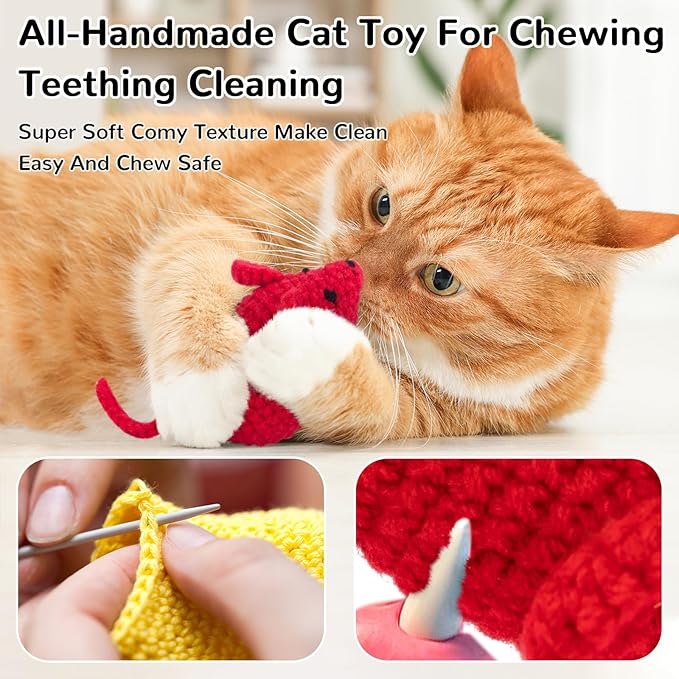 Retro Shaw Catnip Toys Crochet Mice Cat Toys,3 Pcs Yarn Cat Nip Mouse Animals Toy,Safe Teeth Cleaning Toy for Indoor Kittens