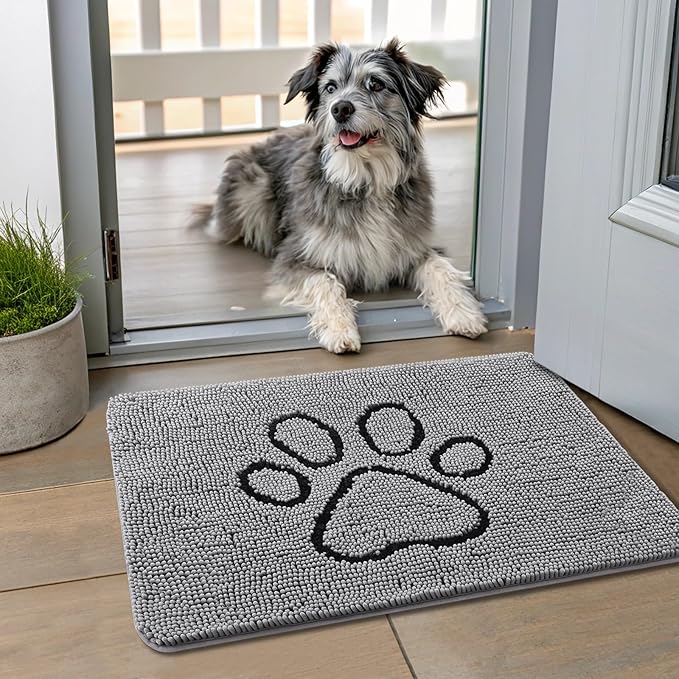 Smiry Dog Door Mat for Muddy Paws, Absorbent Dirt Trapper Non Slip Quick Dry Washable Chenille Mat for Mud Dogs, Entry Rug for Indoor and Outdoor (24x16 Inches, Grey)