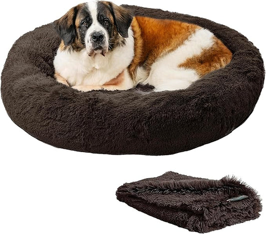 Best Friends by Sheri Bundle Set The Original Calming Shag Donut Cuddler Cat and Dog Bed + Pet Throw Blanket, Dark Chocolate, Extra Large, 45x45