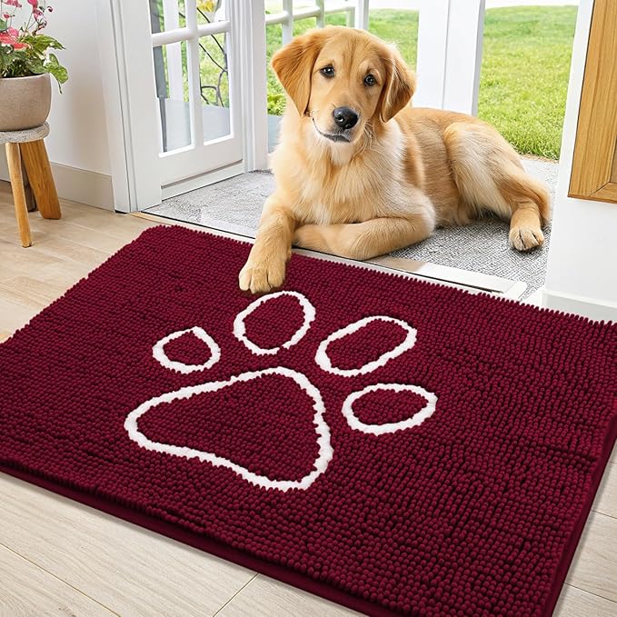 Smiry Dog Door Mat for Muddy Paws, Absorbent Dirt Trapper Non Slip Quick Dry Washable Chenille Mat for Mud Dogs, Entry Rug for Indoor and Outdoor (36x24 Inches, Burgundy)