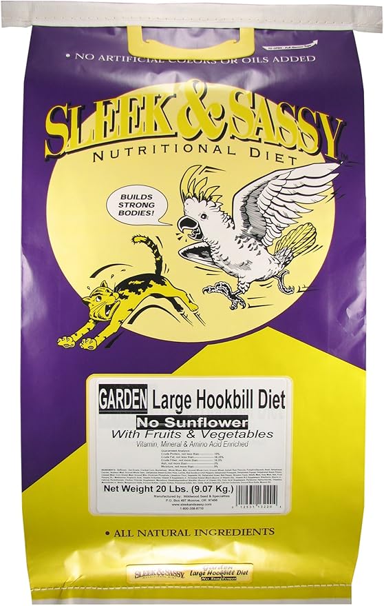 SLEEK & SASSY Garden Large Hookbill No Sunflower Parrot Food for Large Conures, Amazons, African Greys, Cockatoos, Pionus-Parrots & Small Macaws (20 lbs.)