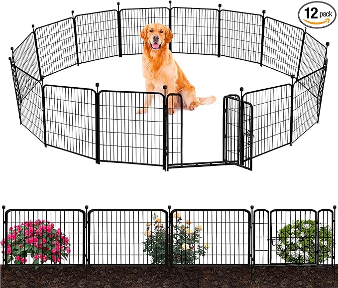 ADAVIN 32 in(H) Garden Fence with Low Threshold Door, 12 Panels Total 26.6 Ft(L) Tall Yard Fence for Dogs, Garden Fences Border, Black Iron Metal Heavy Duty Dog Fencing for Yard or Camping