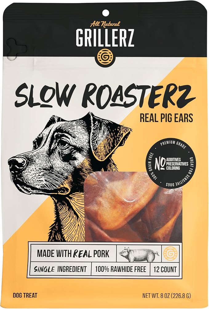Grillerz Real Pig Ears, 12 Count, Single Ingredient, All Natural Pig Ears for Dogs, Dog Chew for Healthy Teeth, High Protein, Easily Digestible, for Adult Life Stages