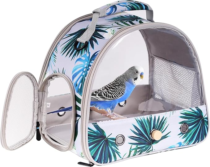Portable Small Bird Travel Carrier Cage with Stand Perch, Bird Carrier to Carry Parakeet Budgies Parrot Cockatiel Conure Outdoor, Front Clear Window with Floral Printing