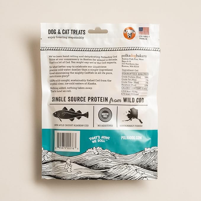 Polkadog Crunchy Alaskan Cod Chips – Single Ingredient Dog Treats, 100% Wild-Caught Cod from Alaska – High-Protein, Omega-3 Rich, Grain-Free, All Natural Snacks – Handcrafted in USA - 2.75 oz