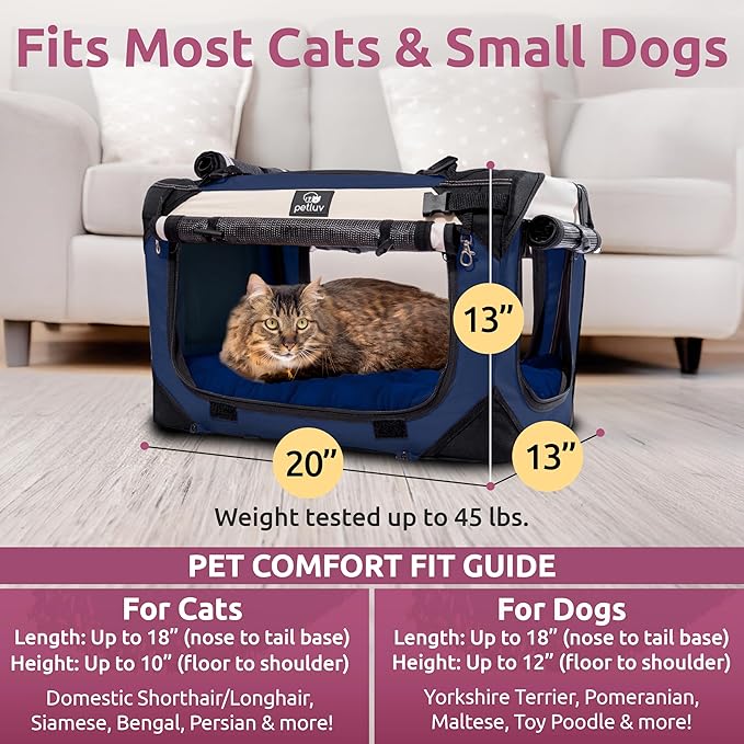 Medium Cat & Dog Carrier for Most Cats or Small Dogs, Soft-Sided, Collapsible with Locking Zippers, Portable Travel Bag with Soft Bed, Navy