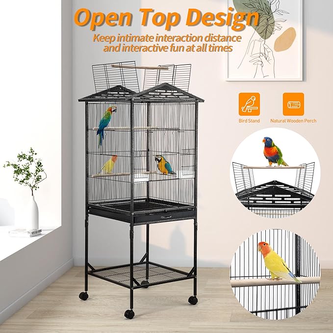 Bird Cage 47 inch Wrought Iron Parakeets Cage with Play Open Top and Rolling Stand Medium Small Bird Cage for Parrots, Budgerigars, Parakeets, Cockatiels, Lovebirds
