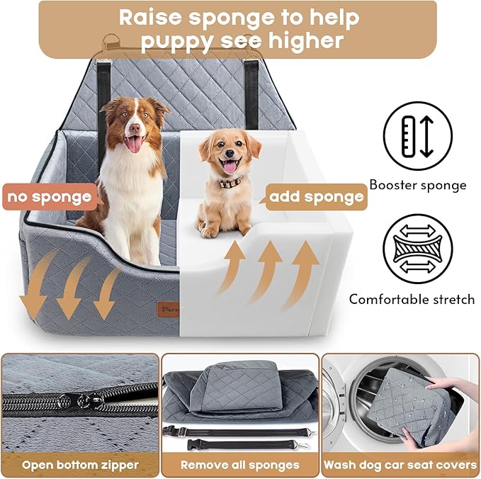 Dog Car Seat for Large-Medium Dogs: Pet Car Seat, Detachable Washable Dog Booster Seat, Pet Travel Bed with Storage Pockets and Dogs Safety Belt (Grey, Large)