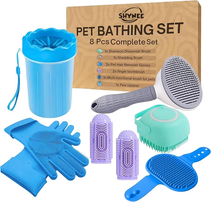 8PCs Dog Grooming Kit - Dog Shampoo Brush | Washing Gloves | Adjustable dog Bath Brush | DOG Paw Cleaner | 2x 360 ToothBrush | Scrubber with Handle for Bath & Massage - A Complete Pet Grooming Kit