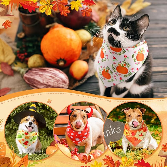 Preboun 200 Pcs Fall Pumpkin Dog Bandanas Bulk Maple Leaves Bandanas for Dogs Pets Triangle Kerchief Bibs Scarf for Thanksgiving Costume Photo Props Accessories Pet Shops Adoption Events, 25 Styles
