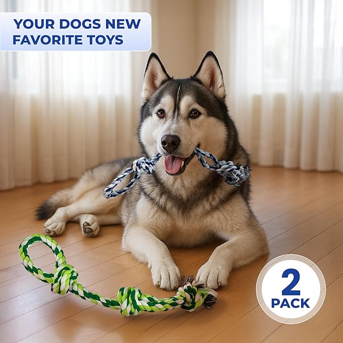 Dog Rope Toys, Heavy Duty Chew Toy for Large Dogs, 2-Pack Durable Tug of War Toys, 100% Cotton, Safe & Washable, Great for Teeth Cleaning, (Blue/White and Green/White/Green)