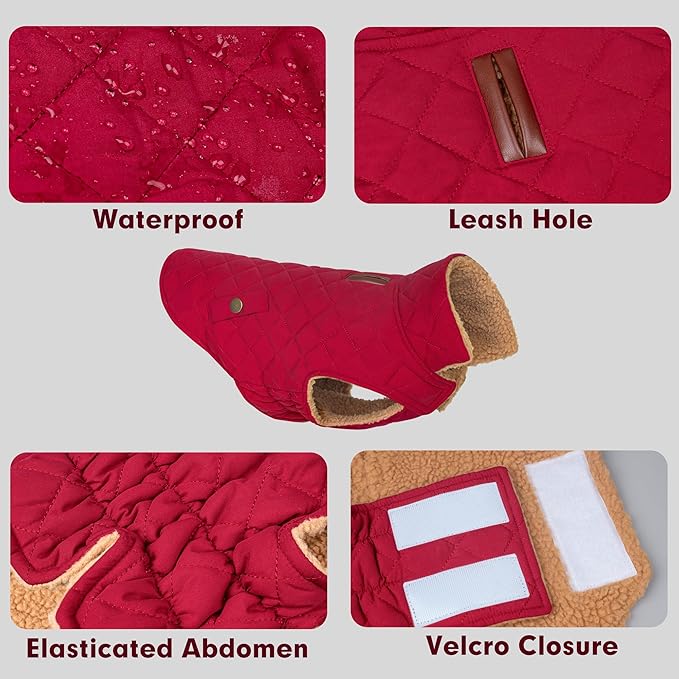 azuza Dog Jacket Waterproof & Windproof Dog Coat for Small Dogs with Thick Fleece, High Collar with Leash Hole, Adjustable Velcro & Elastic Belly, Red, S