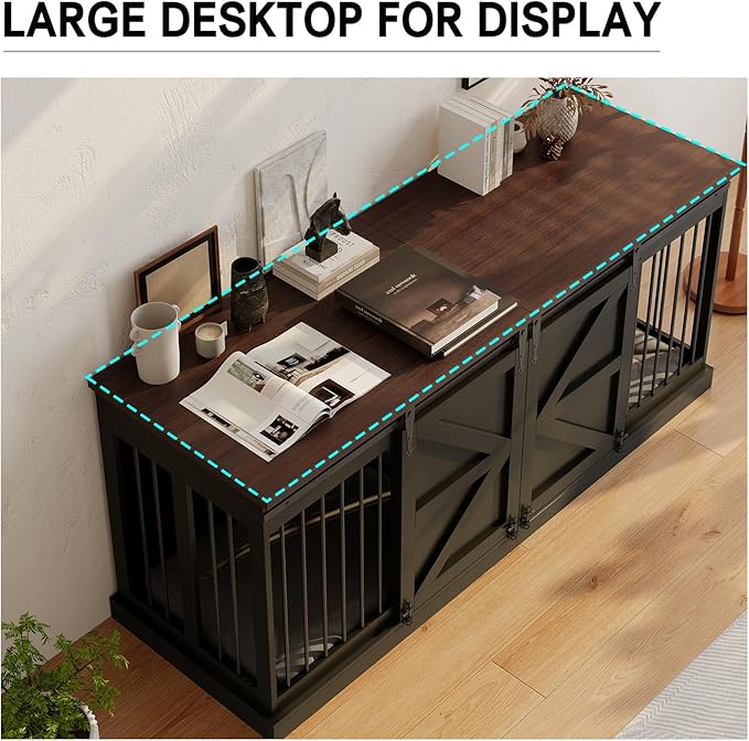 Dog Crate Furniture - Indoor Wooden Dog Kennel Furniture with Room Divider and Double Sliding Barn Doors - 71”x23.6”x31.5”H, Black