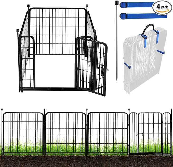 ADAVIN Tall Garden Fence with Low Threshold Door,54 in(H) 4 Panels Total 8.8 Ft(L) Fencing for Dogs, Garden Fence Animal Barrier, Black Iron Metal Heavy Duty Dog Fence Outdoor for Yard