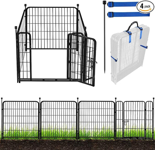 ADAVIN Tall Garden Fence with Gate, 36 in(H) 4 Panels Heavy Duty Iron Metal Animal Barrier Fence, Fence Blocker for Dogs, Portable Temporary Fencing. Total 9 Ft(L). Black