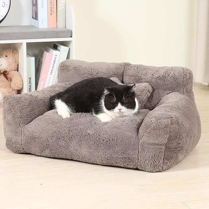 Fluffy Cat Couch for Indoor Cats, Small Dog Bed with Bone Shaped Pillow, Anti-Anxiety Pet Bed with Washable Cover, Brown