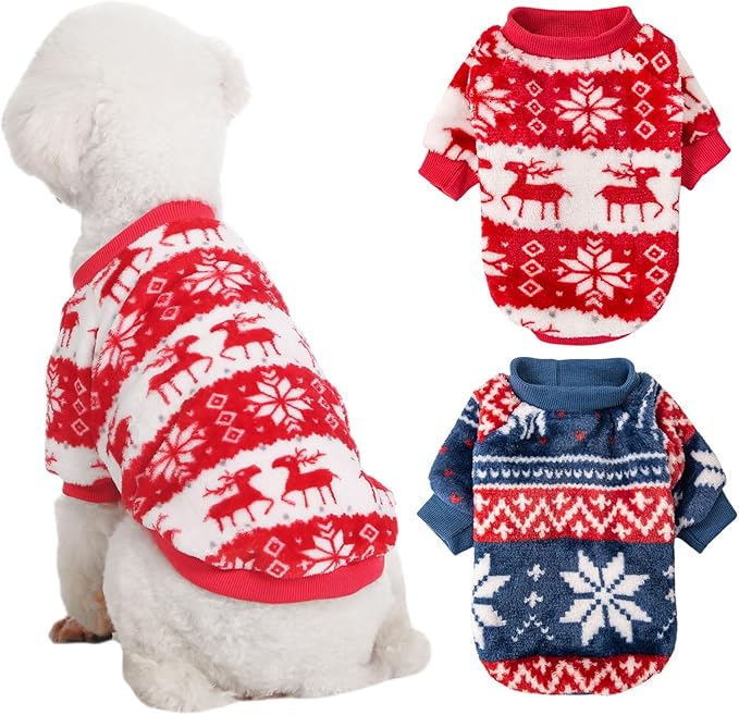 Dog Sweater, 2 Pack Dog Sweaters for Small Dogs, Dog Clothes for Small Dogs Girl Boy, Ultra Soft and Warm Puppy Sweater Dog Coat for Winter Christmas (XXS, Xmas Red+Xmas Blue)