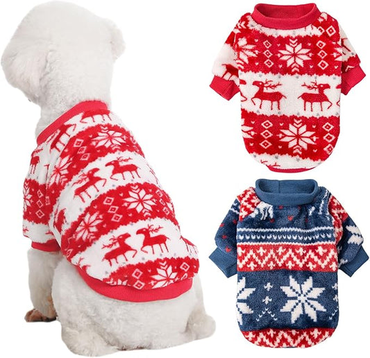 Dog Sweater, 2 Pack Dog Sweaters for Small Dogs, Dog Clothes for Small Dogs Girl Boy, Ultra Soft and Warm Puppy Sweater Dog Coat for Winter Christmas (XXS, Xmas Red+Xmas Blue)
