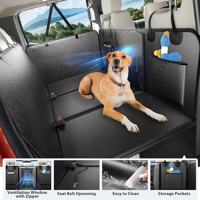 Back Seat Extender for Dogs Truck-Upgraded PU Leather-Dog Pet Seat Cover Back Seat Hard Bottom 500lbs, Anti-Scratch Dog Hammock for Crew Cab Trucks F150, RAM1500, Sierra, Tundra, Silverado