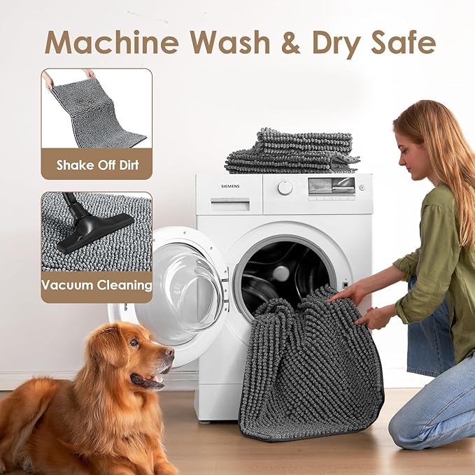 EHEYCIGA Super Absorbent Dog Door Mat for Muddy Paws 48x30 Inch Indoor, Front Doormat Outside Entrance, Quick Dry Chenille Washable Dog Crate Bed, Non-Slip Pet Rug Mud Mat Outdoor Entryway, Grey