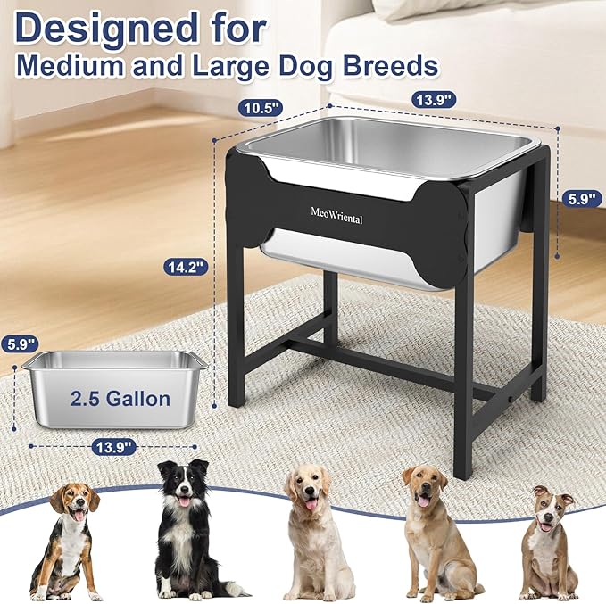 2.5 Gallon Elevated Dog Water Bowl for Large Breeds, 14.2" Tall Raised Stainless Steel Large Dog Water Bowl with Full Metal Stand for Relief Joint Pressure, Tip-Proof, Easy to Clean, Indoor & Outdoor