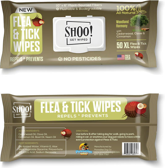 Shoo! Flea & Tick Wipes for Dogs | Convenient, Easy On-The-Go Protection | Plant Based, Natural Oils, Chemical Free | Repels & Prevents | 50 XL Wipes | (Woodland Harmony)