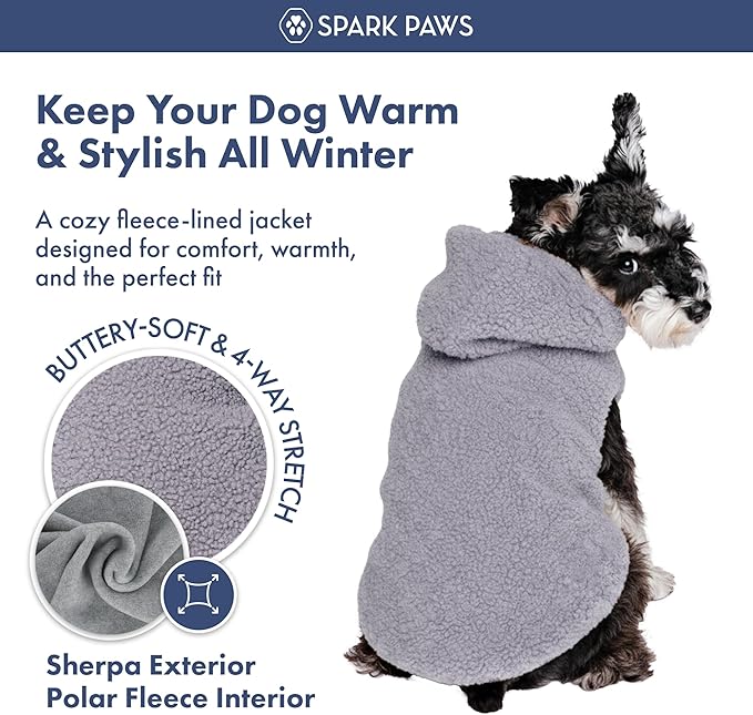 Spark Paws Teddy Dog Sweater, Sherpa Jacket Vest with Warm Fleece Lining, Winter Coat Suitable for Small Medium Large XL XXL Breeds - Grey - S