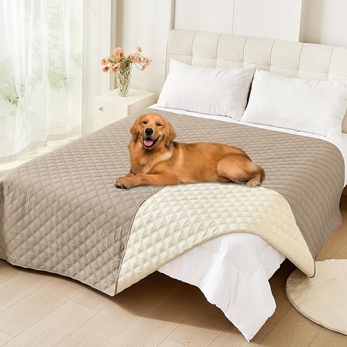 Smiry Waterproof Dog Bed Cover Pet Blanket, Soft Washable Dog Blanket for Furniture Bed Couch Sofa Reversible, Checkered (82"x120", Taupe/Beige)
