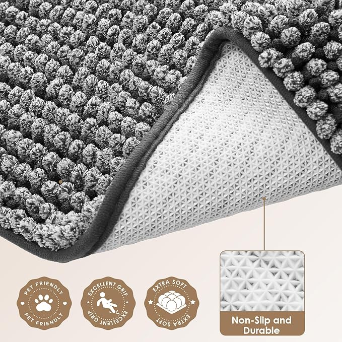 EHEYCIGA Super Absorbent Dog Door Mat for Muddy Paws 24x16 Inch Indoor, Front Doormat Outside Entrance, Quick Dry Chenille Washable Dog Crate Bed, Non-Slip Pet Rug Mud Mat Outdoor Entryway, Grey