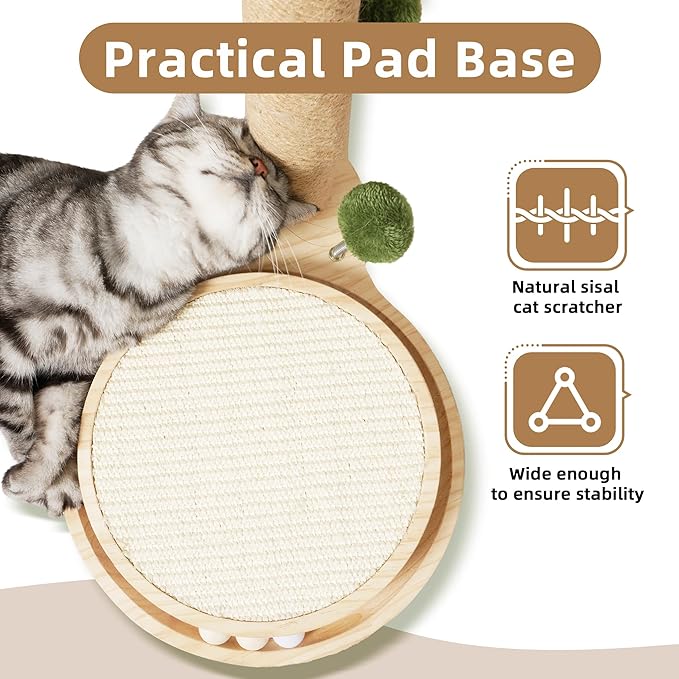Meowoou Cat Scratching Post Cat Scratcher Interactive Toy with Dangling Ball for Indoor Kitten Large Base Wooden Ball Track 17.7" Tall Modern Sisal Scratch Pole
