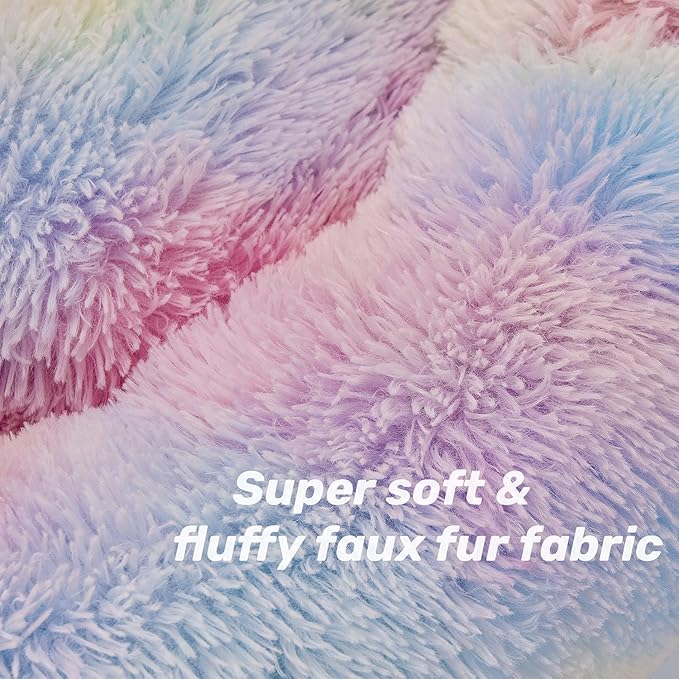 Anti Anxiety Round Fluffy Plush Faux Fur Warm Washable Dog Bed & Cat Bed, Original Bed for Small Medium Large Pets,Used to Relieve Joints and Improve Sleep（20"/24"/27''） (20", Rainbow)